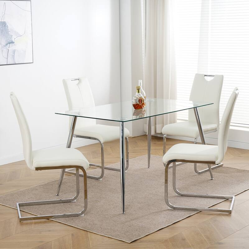 Set of 4 Modern Faux Leather Dining Chairs with Metal Legs - White/Silver