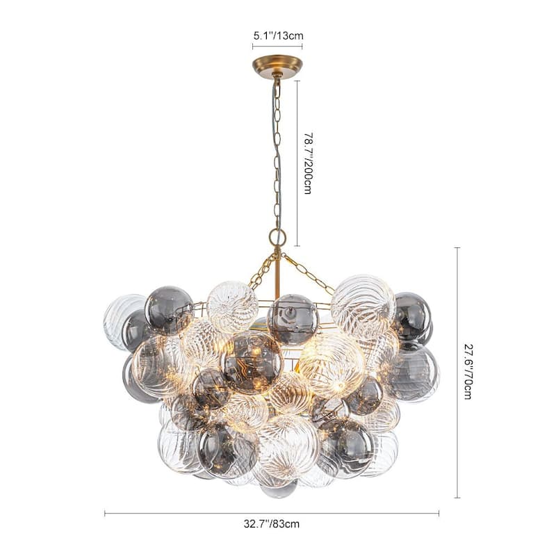 Statement 8-Light Swirled Smoked Glass Globe Round Bubble Chandelier - Brass Finish