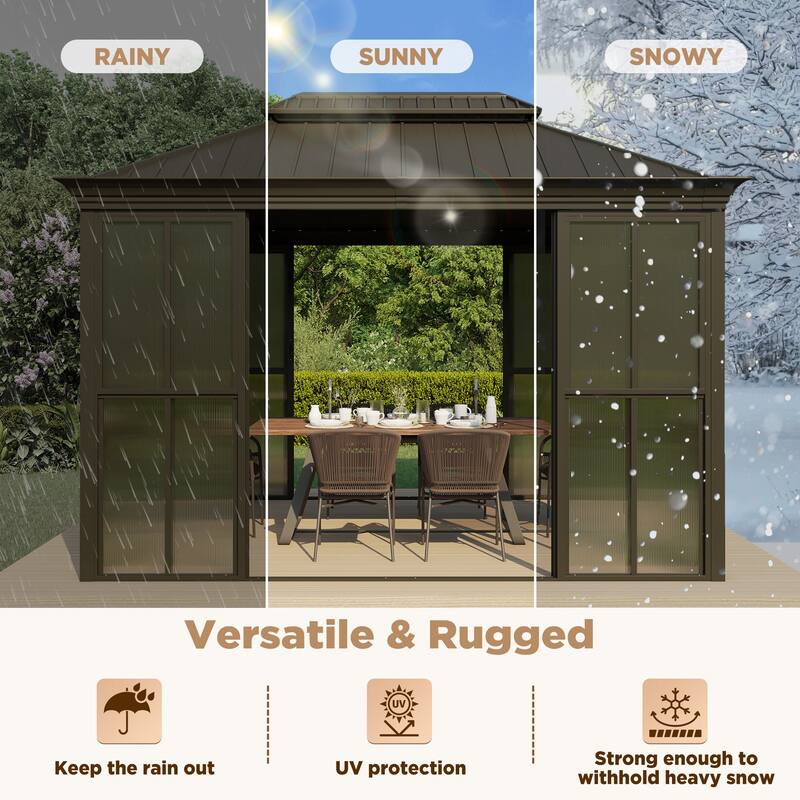 Hardtop Gazebo with Double Steel Roof, Sliding/Lockable Doors & Screens - All-Season Rustproof Aluminum Frame，Advanced Drainage