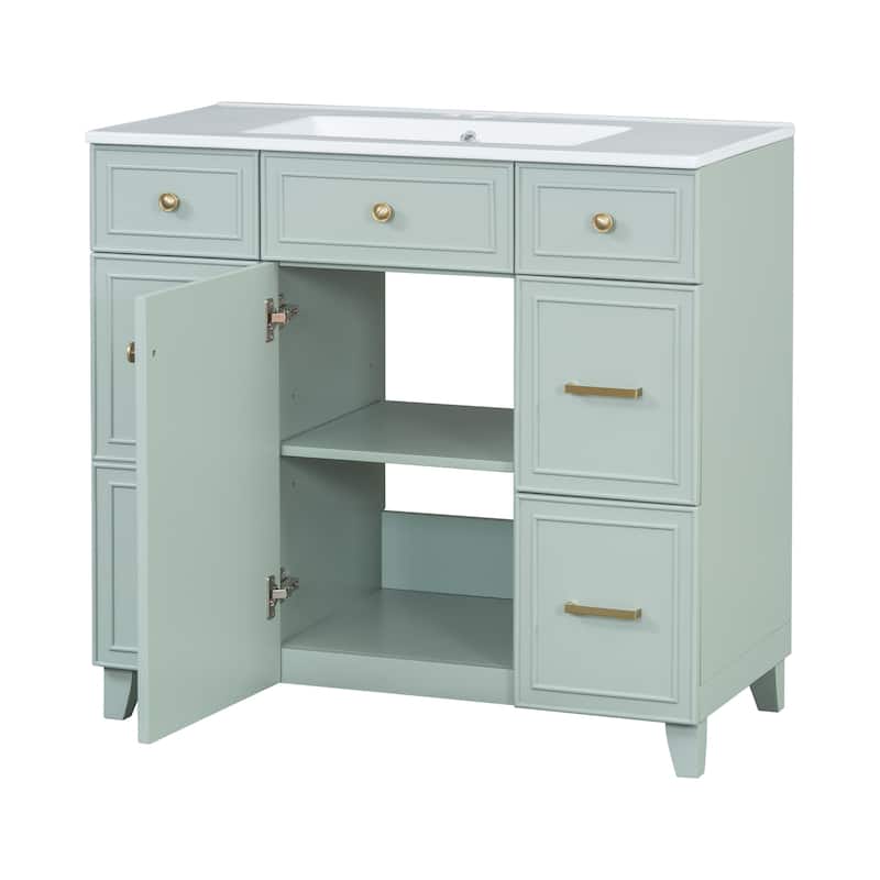 36 Inch Freestanding Bathroom Vanity with White Ceramic Basin and Door and Drawers