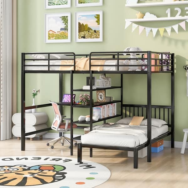 slide 2 of 33, Full Over Twin Metal Bunk Bed with Built-in Desk, Shelves and Ladder Black