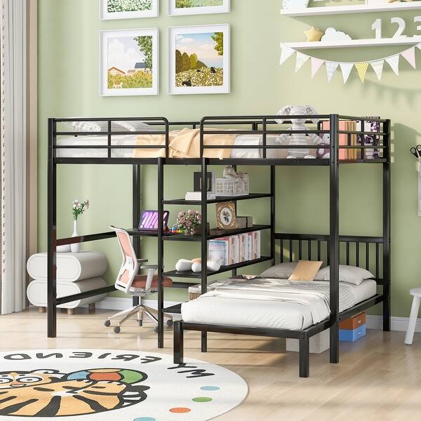 slide 2 of 32, Minimalist Design Full Over Twin Metal Bunk Bed with Built-in Ladder,Under-Bed Desk wirh Storage Shelves Black