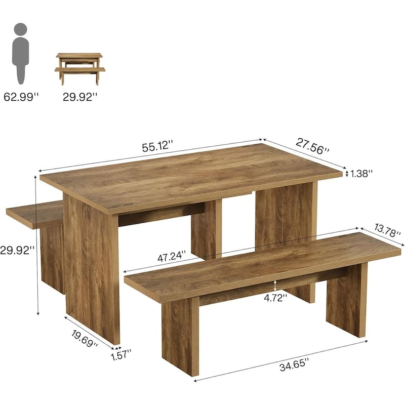 55" Dining Table Set with 2 Benches for Kitchen, Dining Room, Brown