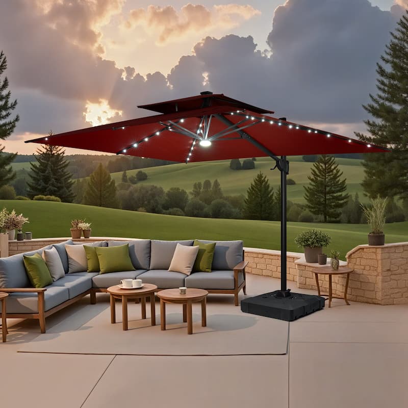 9 x 11 FT Outdoor Double Top LED Lighted Patio Cantilever Umbrella with Base Stand - Red