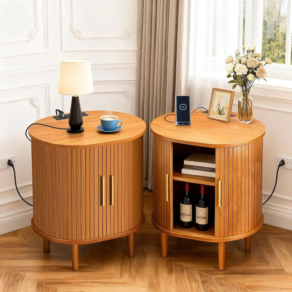 Mid Century Modern Nightstand Set of 2 with Charging Station,Fluted Accent Side Table with Sliding Door & Adjustable Shelf