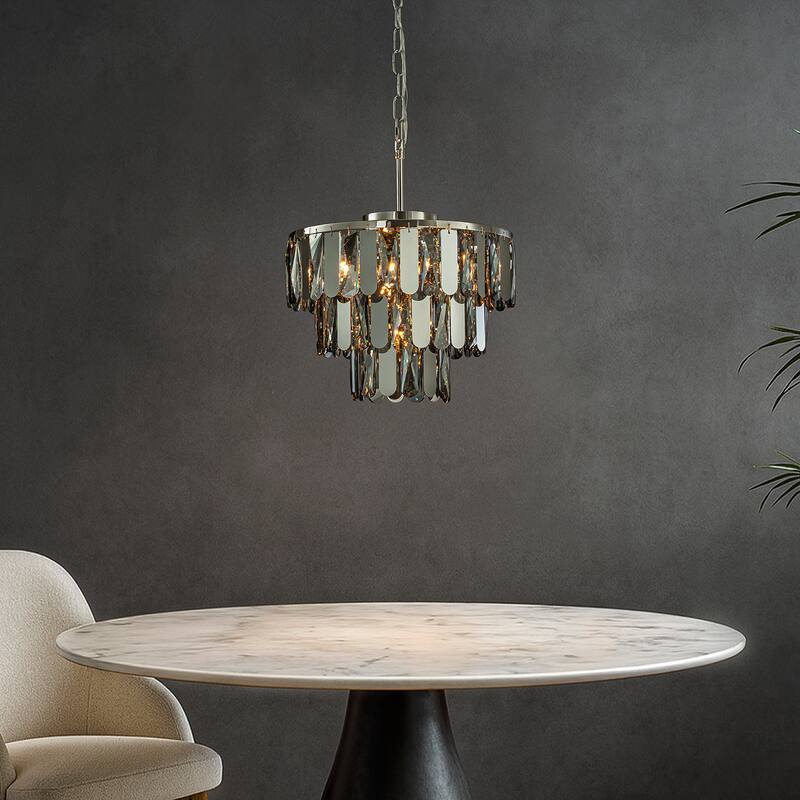 Dimmable Modern Smoked Crystal Chandelier Contemporary Round Polished Nickel Pendant Light Fixture for Dining Room Bedroom - W14''