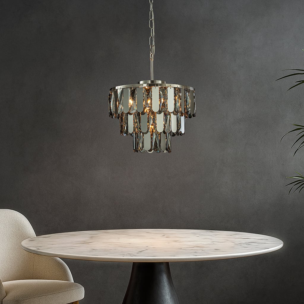 Dimmable Modern Smoked Crystal Chandelier Contemporary Round Polished Nickel Pendant Light Fixture for Dining Room Bedroom