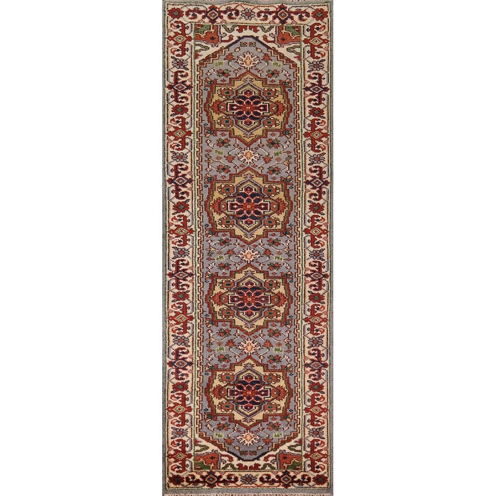 Geometric Gray Heriz Serapi Indian Runner Rug Hand-Knotted Wool Carpet - 2'6"x 9'10"