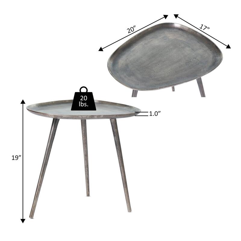 Metal End Table with Rounded Triangular Shape and Three Legs, Handcrafted Aluminum Side Table with Rustic Modern Finish - 20