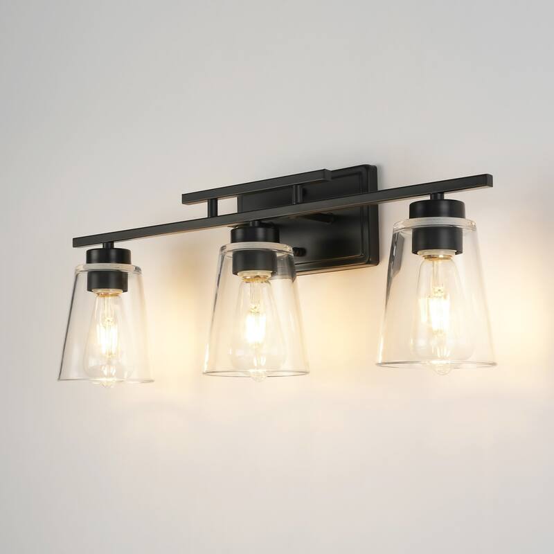 3-Light Modern Black Linear Cone Clear Glass Bathroom Vanity Light - 23.62 in. W x 7.09 in. D x 9.25 in. H