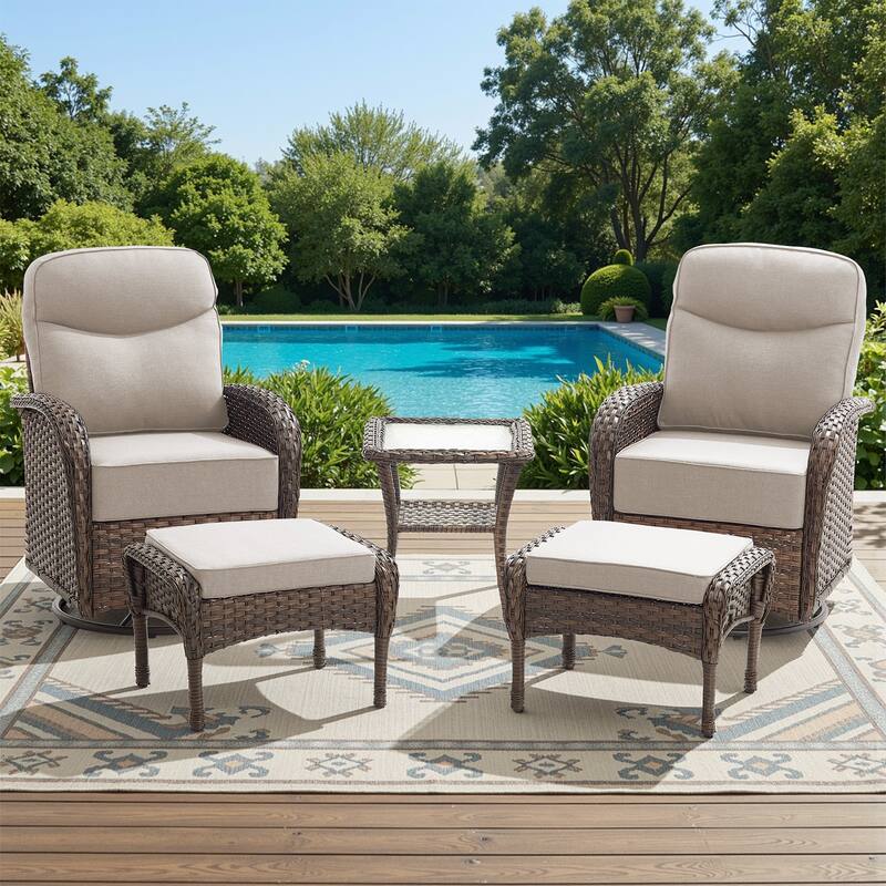 Meyreso 5-Piece Wicker Patio Swivel Glider Set with 6-Inch Thick Cushions
