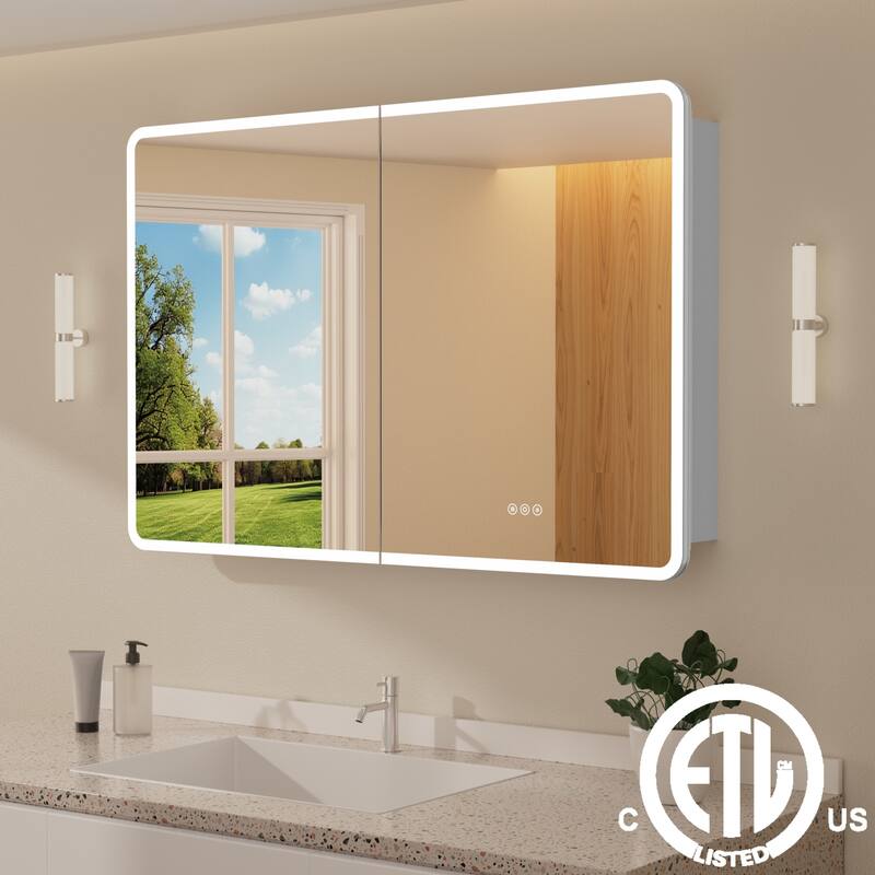 Rounded Edge LED Medicine Cabinet with Mirror, Dimmable, Anti-fog, Adjustable Shelves, Recessed or Wall Mount, ETL Certified - 36 in. W x 32 in. H