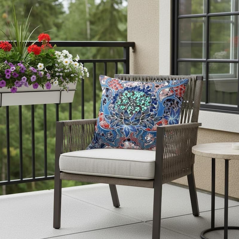 HomeRoots Set of Two 16" X 16" Blue and Pink Blown Seam Floral Indoor Outdoor Throw Pillow - 16.00' X '16.00' X '5.00 - Blue/Pink - 16.00' X '16.00' X '5.00