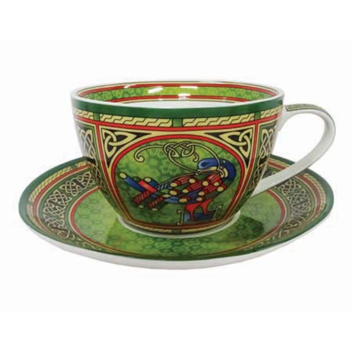 10.5oz Multicolor Bone China Celtic Cup and Saucer Set with Peacock and Knot Design