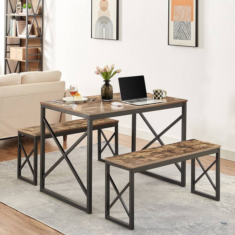 VECELO 3-pieces Dining Table with Bench, Dinning Room Table Set for 4-6, Kitchen Table with 2 Benches Dining Table Set - 43.3 Inch - Brown
