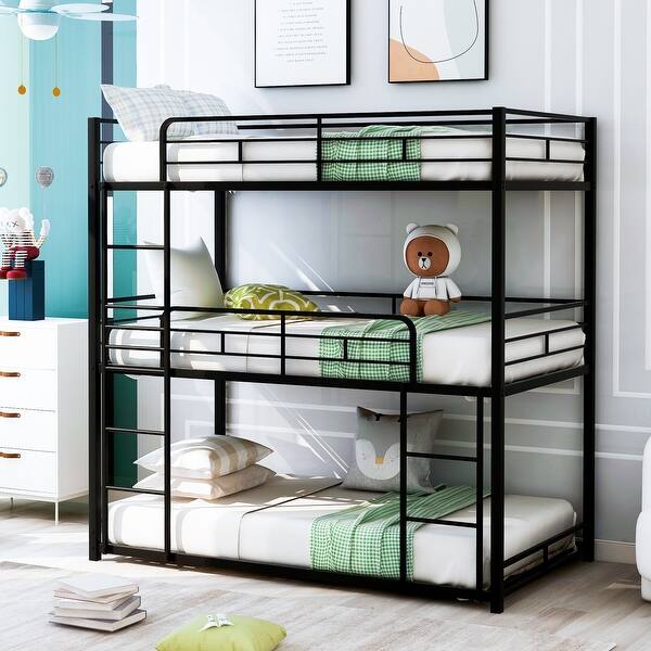 slide 2 of 9, Black Twin Size Steel Triple Bunk Bed with Full-Length Guardrails and Two Ladders