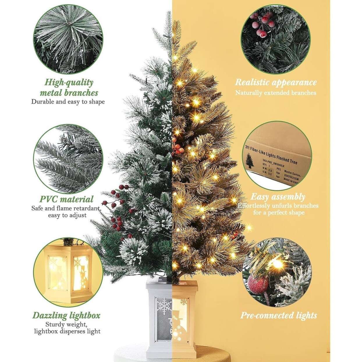 3 Ft Prelit Premium Snow Flocked Artificial Christmas Tree with 8 