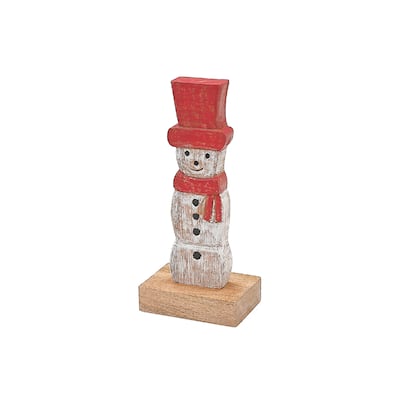 Christmas Mango Wood Snowman With Top Hat On Base