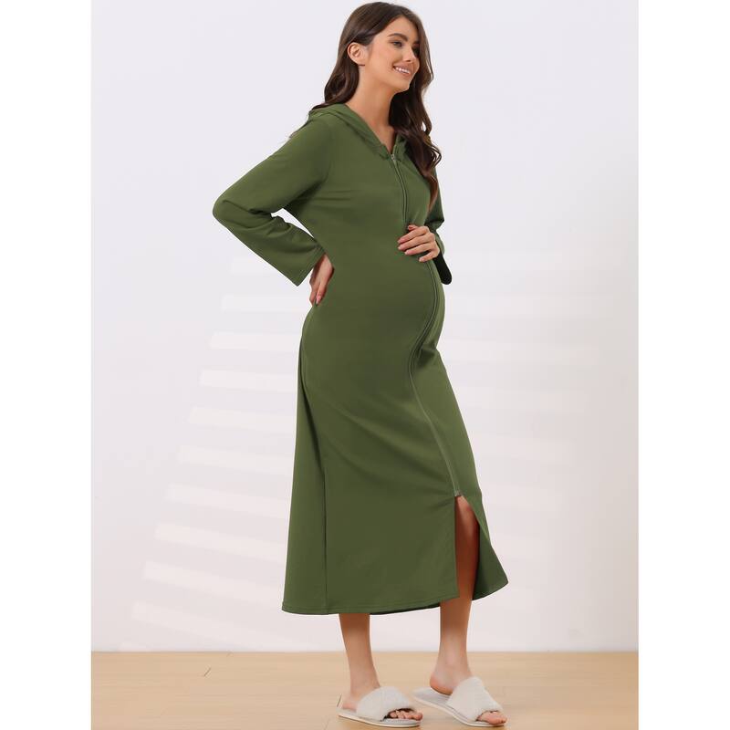 Women's Zip Robe Hooded Long Sleeve Bathrobe Housecoat with Pockets - Army Green - XL