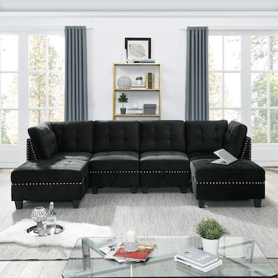 U shape Sectional Sofa，DIY Combination，includes Two Single Chair ，Two Corner and Two Ottoman，Black Velvet