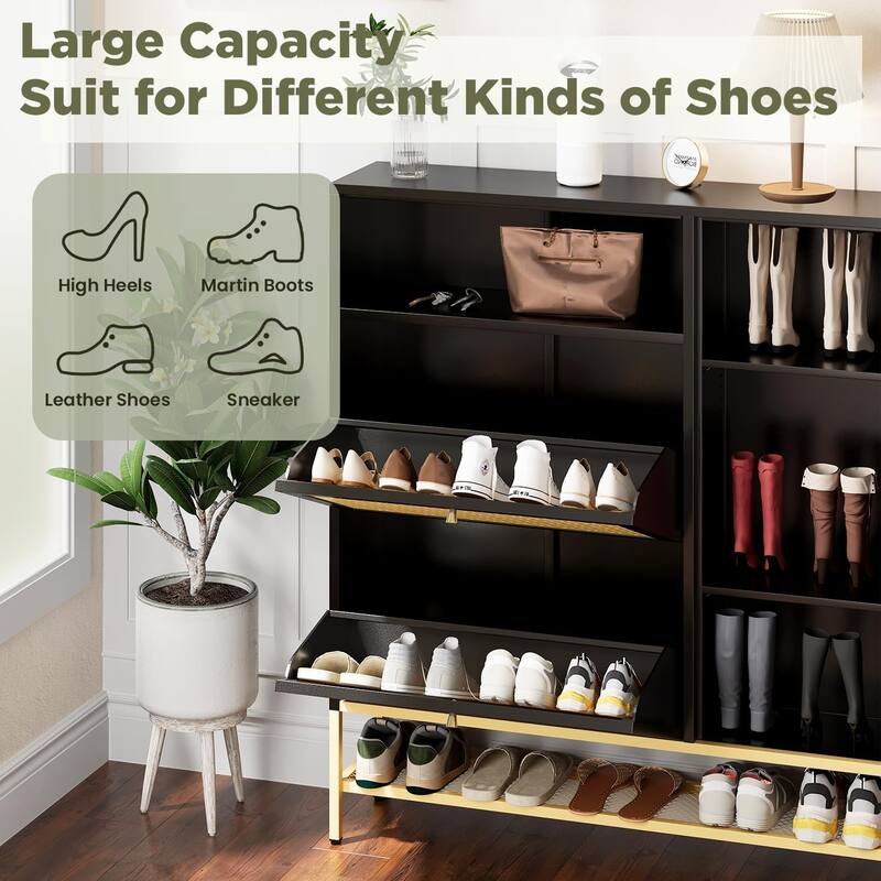 AECOJOY Shoe Storage Cabinet with 2 Flip Drawers with Door & Open Storage - 10.2"D x 43.3"W x 50"H