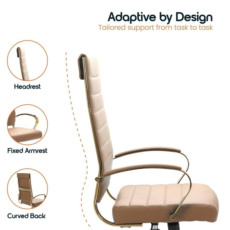 Benmar Ergonomic Ribbed Back Gold Frame Leather Executive Office Chair with Adjustable Height, Tilt, Swivel & Smooth Casters