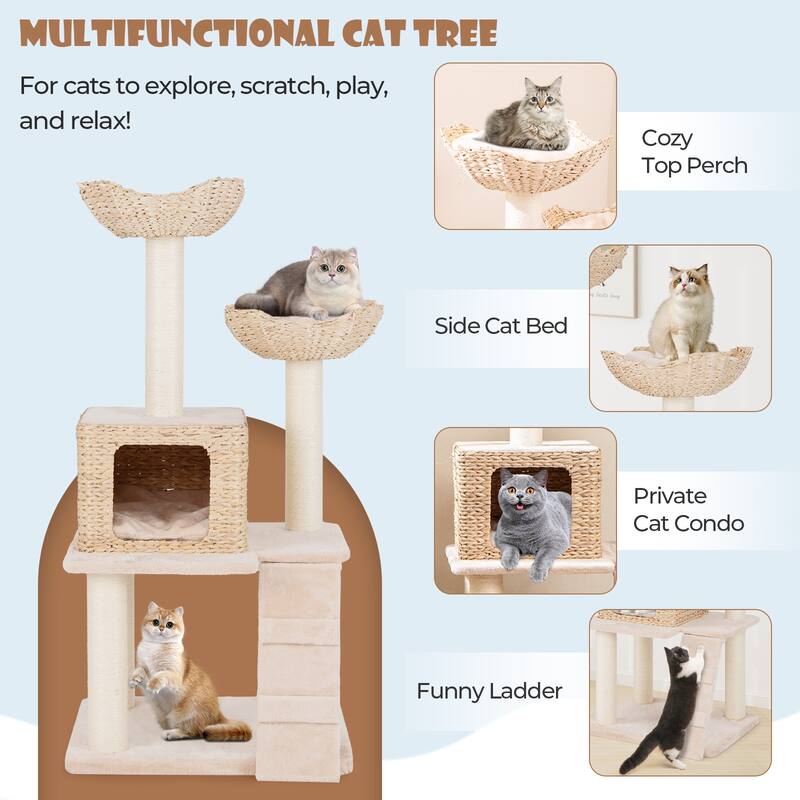 48 Inch Cattail Cat Tower with Sisal Scratching Posts Perch and Condo - 24” x 19” x 48“(L x W x H)