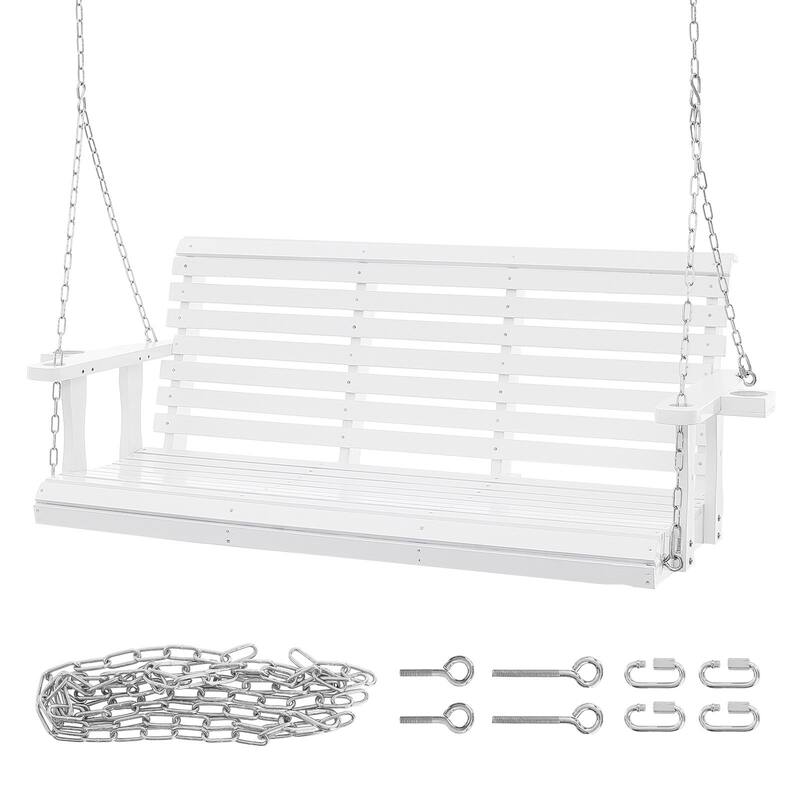 White Cedar Wood Porch Swing with Steel Chains and Cup Holders - 67” L x 28” W x 23.6” H