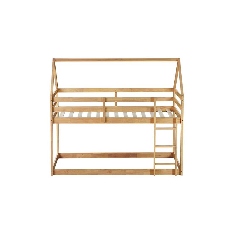 Twin over Twin Rubber Wood Floor Bunk Bed, with ladder,Guardrails,House-Shaped-Bunk Bed
