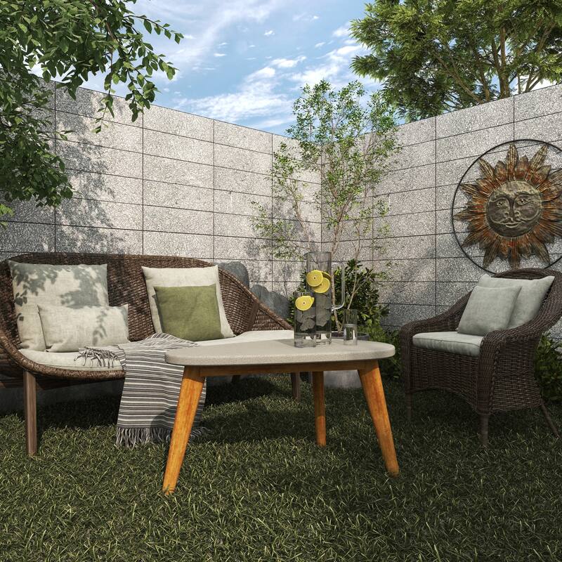 Gray Concrete Inspired Oval End Table Outdoor Accent Table with Brown Tapered Wood Legs