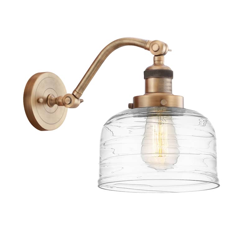 Innovations Lighting 515-1W-12-8 Bell Sconce Bell 12" Tall Wall Sconce - Brushed Brass / Clear Deco Swirl
