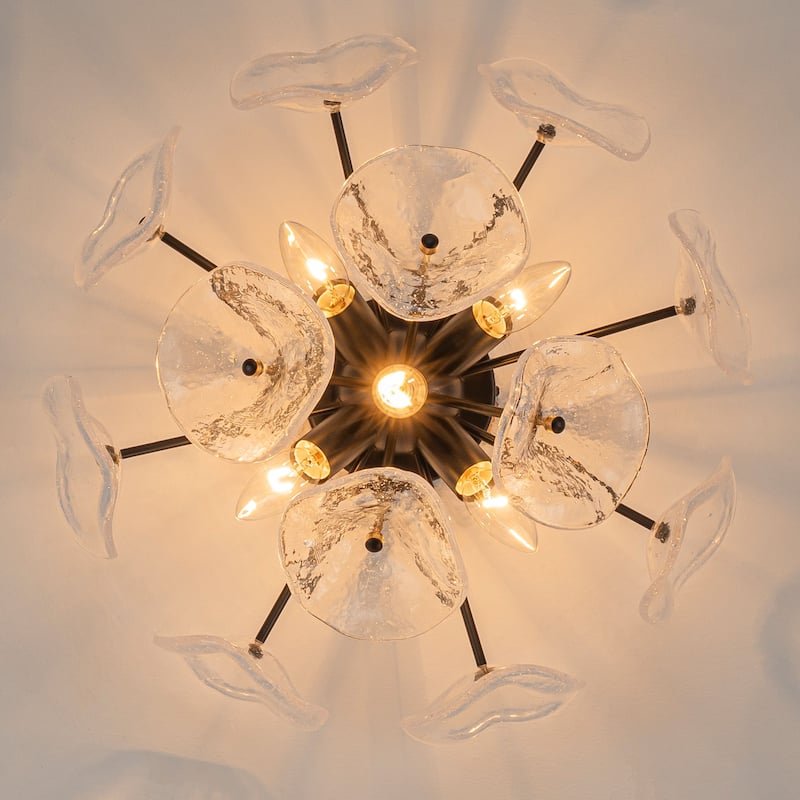 Starsky 5-Light Flush Mount Chandelier with Hand-Blown Flower Glass Shades, Art Deco/Mid-Century Style
