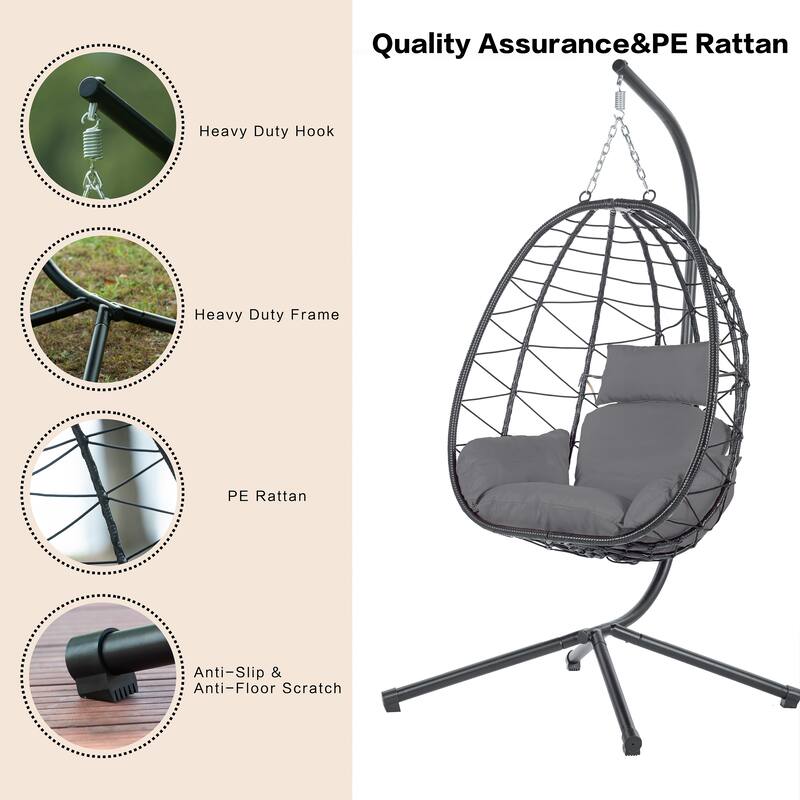 Patio Wicker Hanging Egg Chair with Stand, Swing Chair for Balcony