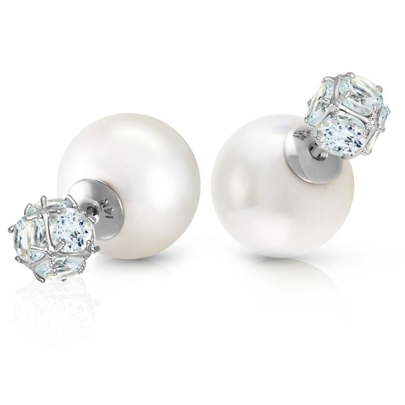 14K Solid Gold Tribal Double Shell Pearls And Aquamarines Earrings - White