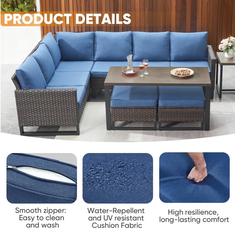 Patio Furniture Set with Propane Gas Fire Pit Table - Blue cushion - Brown