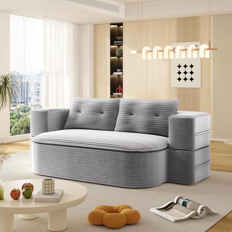 78.7" Modern Convertible Corduroy Sofa Bed with 2 Pillows, Floor Deep Seat Sleeper Couch, Foldable 2-in-1 Sofa for Living Room