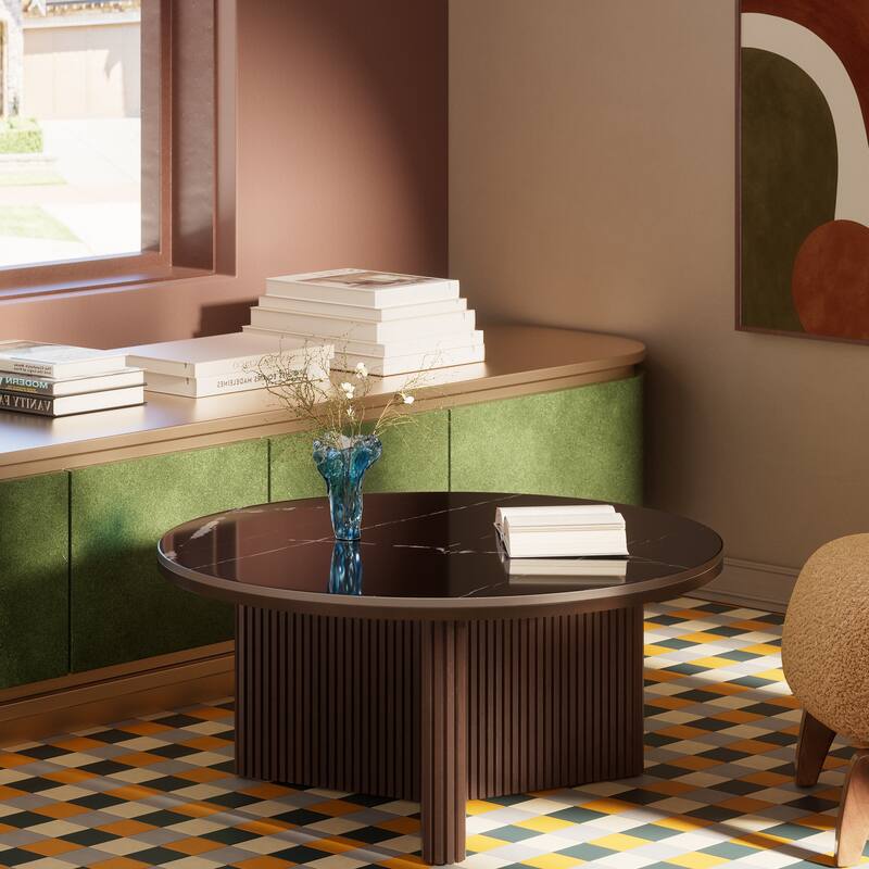 35" Round Coffee Table with Sintered Stone Top and Vertical-Groove Column Base for Living Room