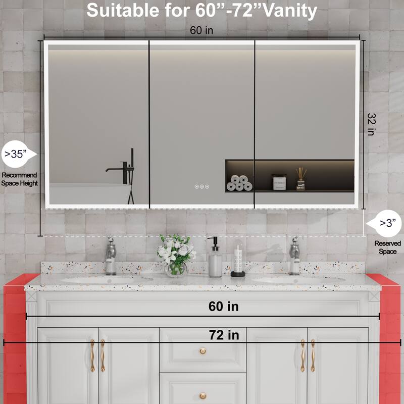 Kylo Aluminum LED Medicine Cabinet with Mirror, Dimmable, Anti-Fog, Recessed/Wall Mount