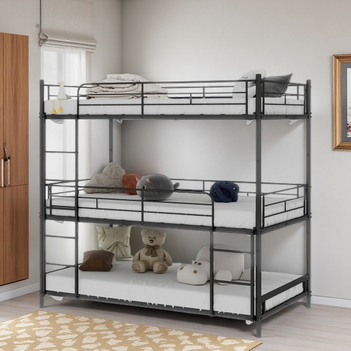 Twin Size Triple Bunk Bed Metal Frame with Built-In Ladders and Full Guardrails, Space-Saving Floor-Safe Design