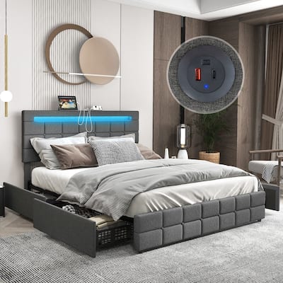 Gymax Full Upholstered Platform Bed with LED Headboard Charging