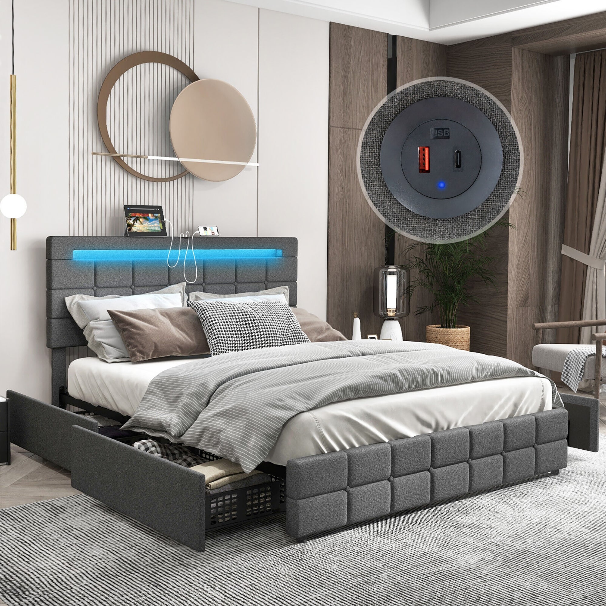 Gymax Full Upholstered Platform Bed with LED Headboard Charging