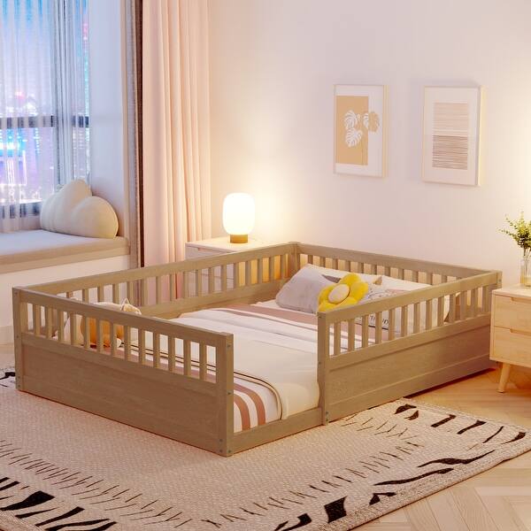 slide 2 of 9, Natural Full Size Floor Bed Frame with Fence, Kids Beds Frame for Bedroom Playroom Natural - Full
