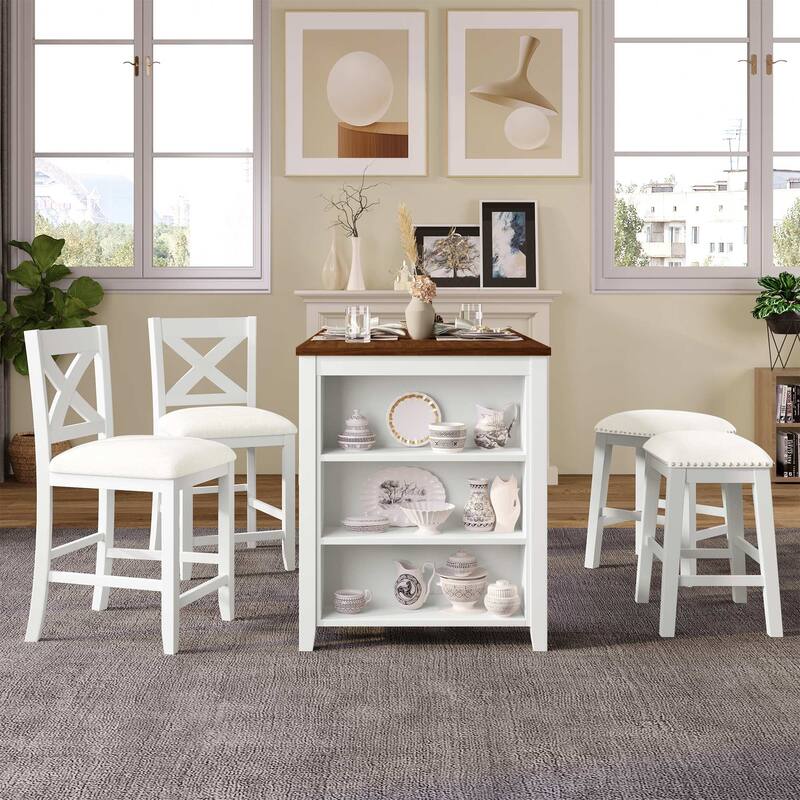 5 Pieces Rustic Counter Height Dining Table Set with Chairs and Stools - Walnut tabletop+White Frame+Beige Fabric