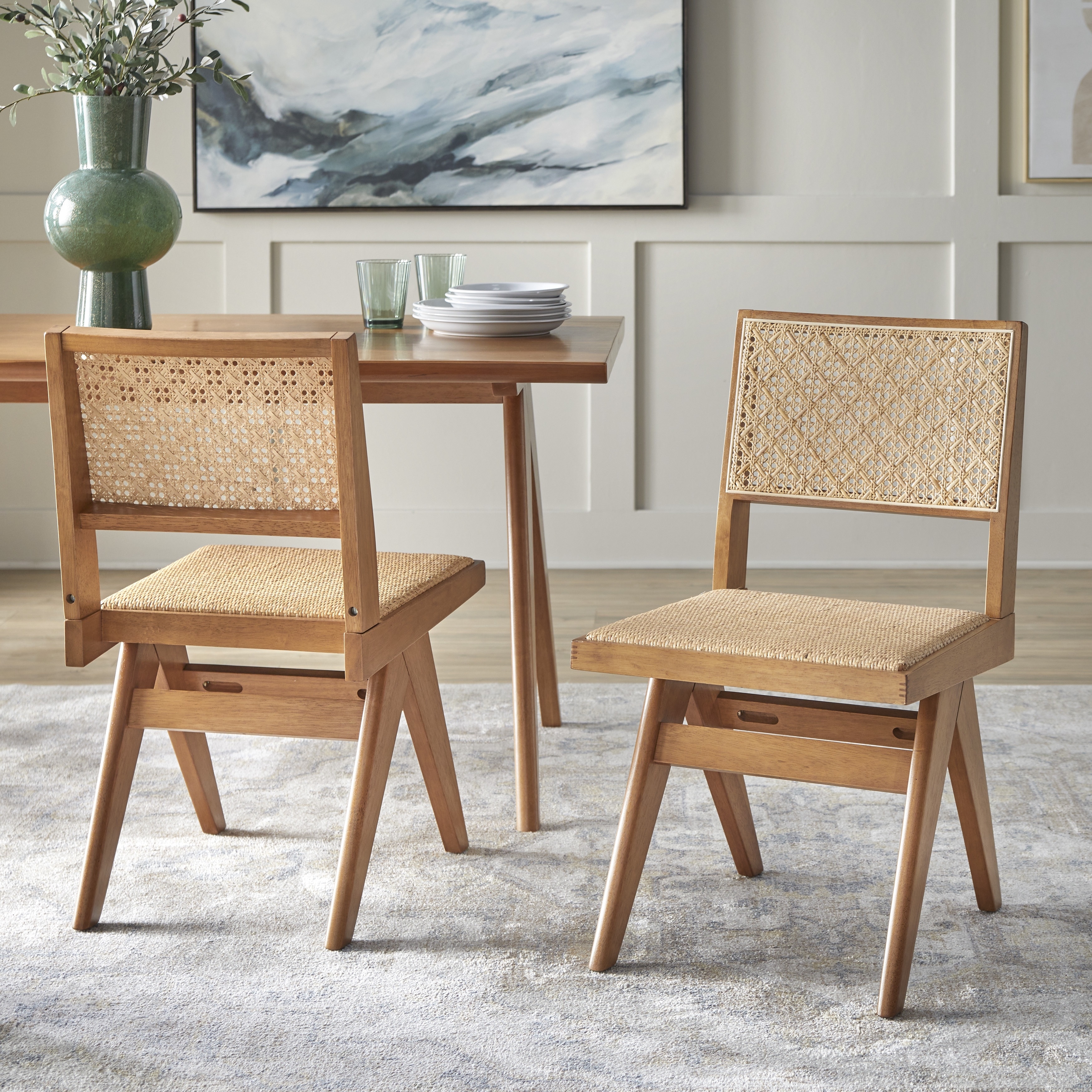 Lifestorey Velentina Solid Wood and Rattan Dining Chair (Set of 2)