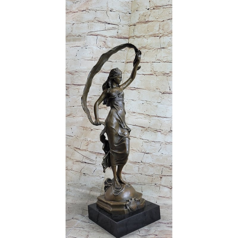 Ribbon Scarf Dancer Girl Bronze Sculpture Statue Figure On Marble Base Signed Original 20 Inches
