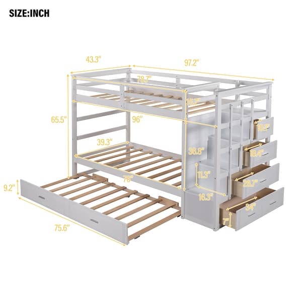 dimension image slide 1 of 3, Twin Over Twin Wood Bunk Bed for Kids with Trundle and Staircase(4 Storage Drawers)
