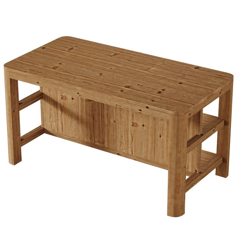 63 Inch Solid Wood Kitchen Island Table with Storage Shelves