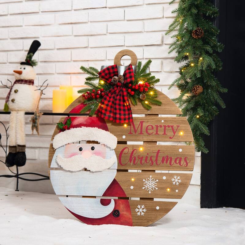 Glitzhome 30"H Lighted Round Wooden Christmas Porch Decor