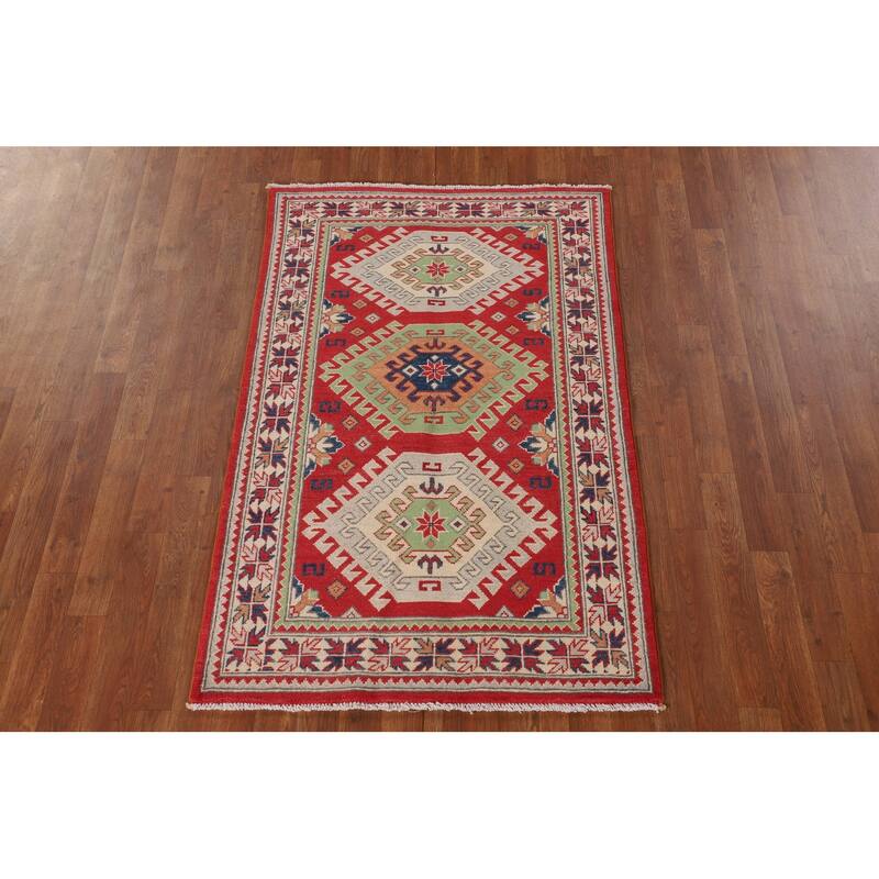 Geometric Kazak Rug Handmade Wool Carpet - 3'2"x 5'0"