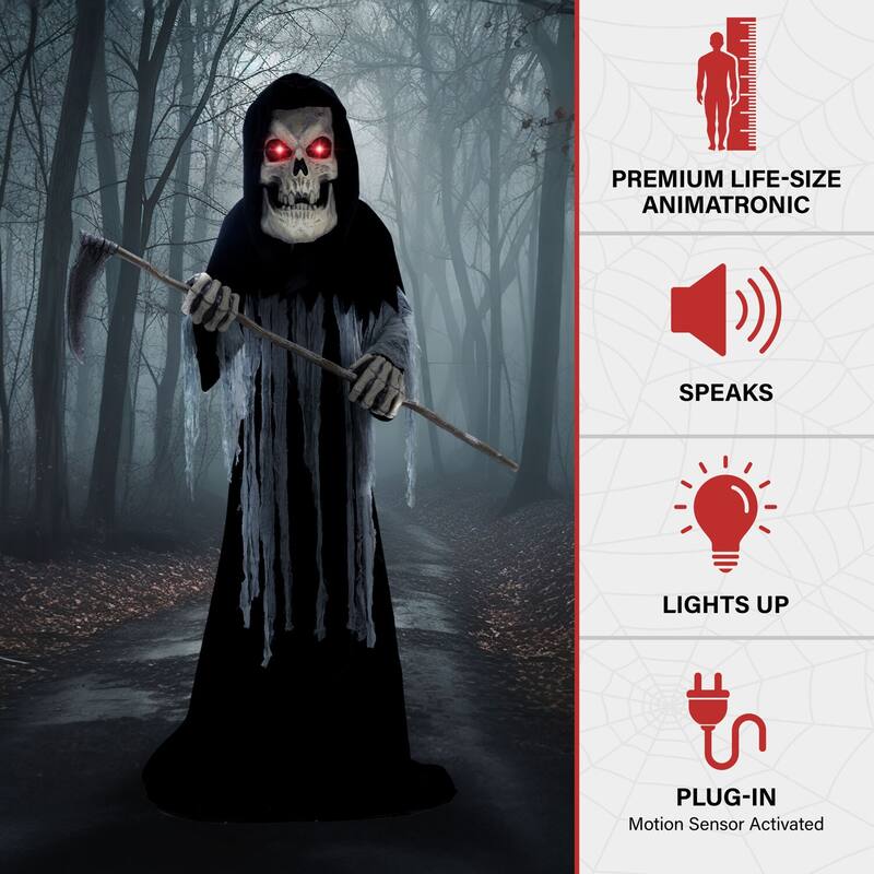 Haunted Hill Farm 8.5-Ft. Tall Motion-Activated Ginormous Reaper, Premium Talking Halloween Animatronic